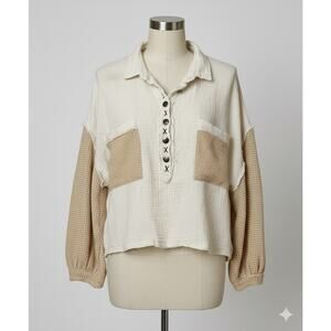 POL Natural Relaxed Double Gauze Large Cream/Tan Waffle Sleeves Pockets Cotton